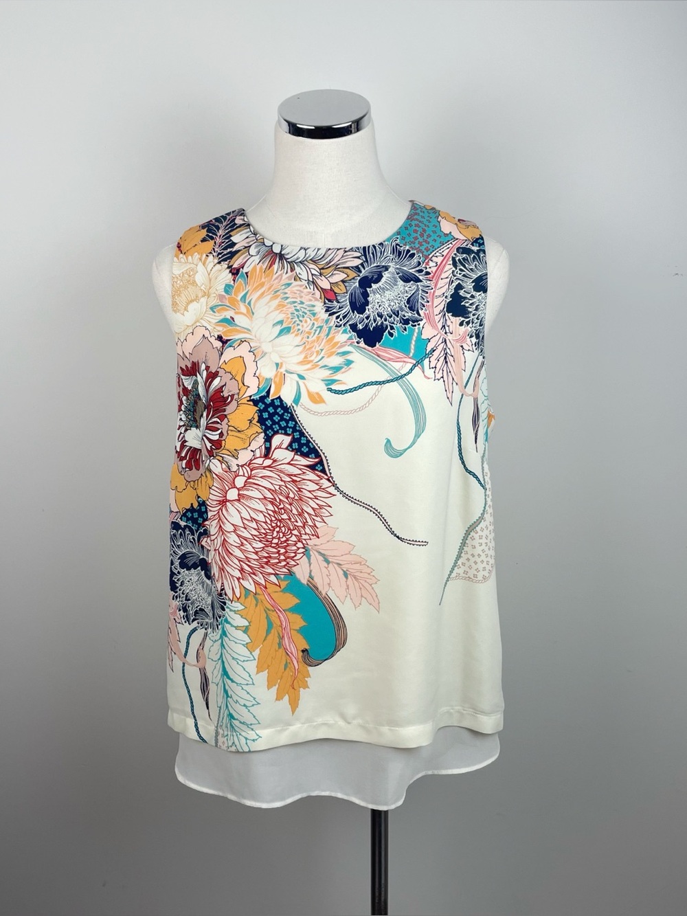 Rose & Olive Cream Blue Pink Floral Blouse Top Women Large